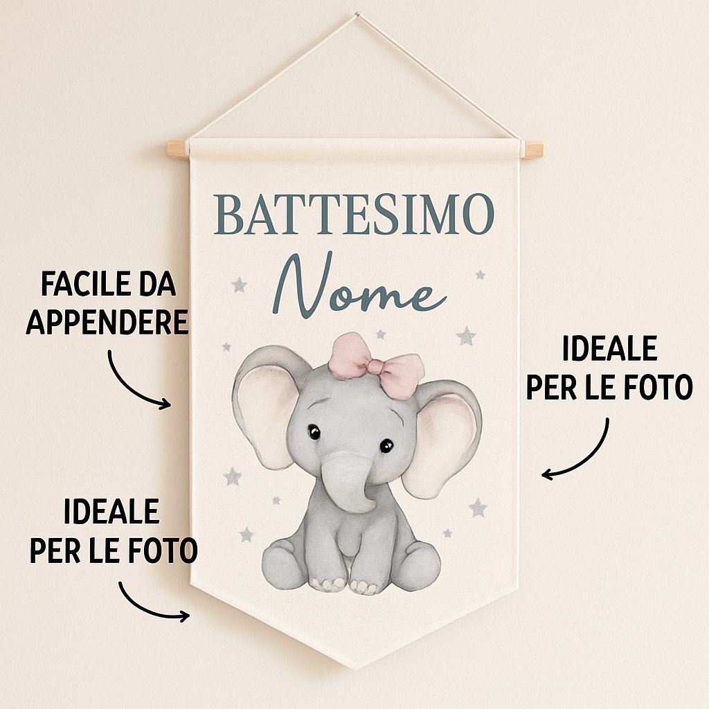 BANNER STRISCIONE BATTESIMO - Elefantina con fiocco - CON IL TUO NOME bimbo - 04 benefici utilizzo