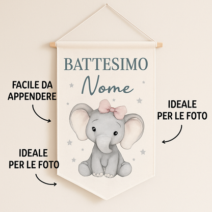 BANNER STRISCIONE BATTESIMO - Elefantina con fiocco - CON IL TUO NOME bimbo - 04 benefici utilizzo
