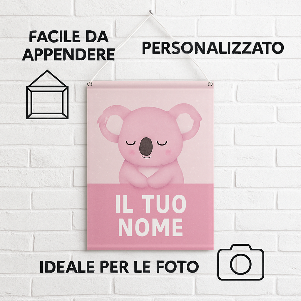 BANNER STRISCIONE NASCITA - Koala rosa - CON IL TUO NOME bimbo neonato - 04 benefici utilizzo