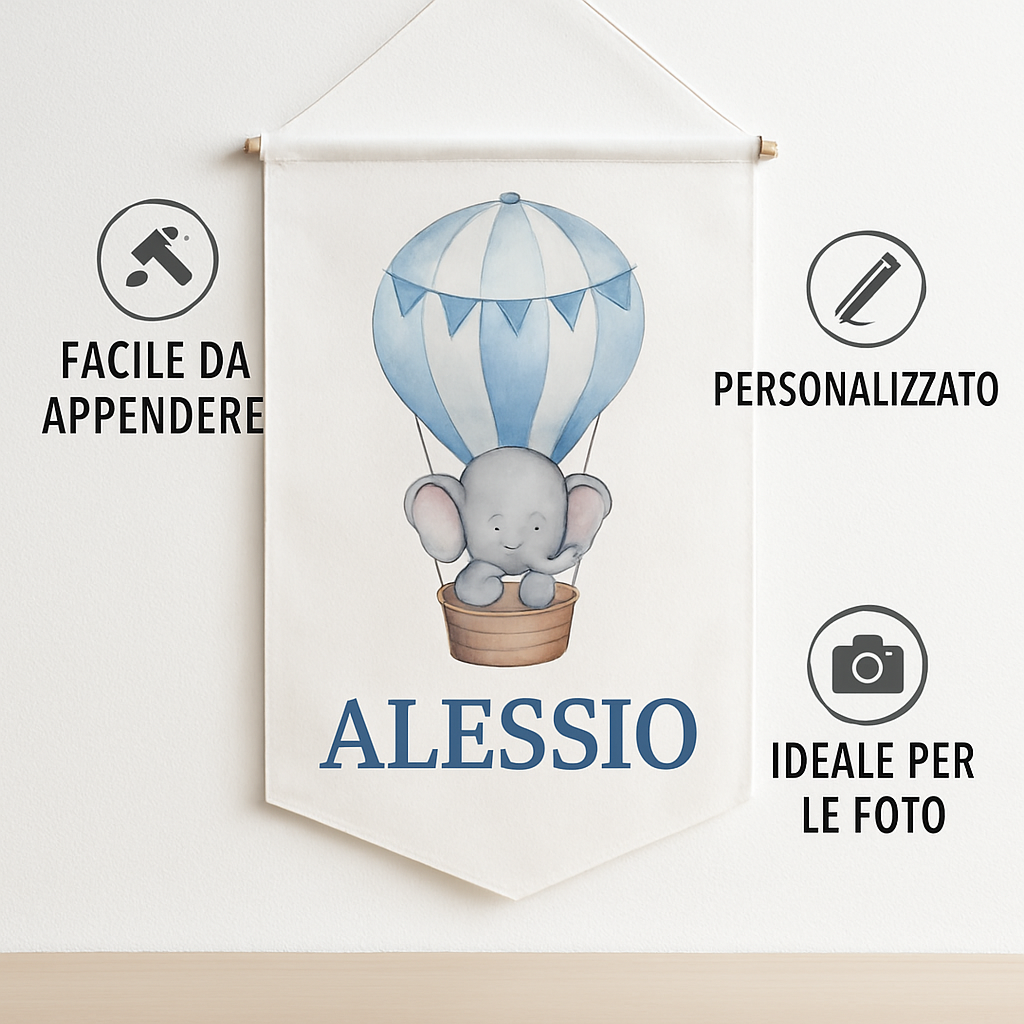 BANNER STRISCIONE NASCITA - Elefantino Mongolfiera - CON IL TUO NOME bimbo neonato - 04 benefici utilizzo