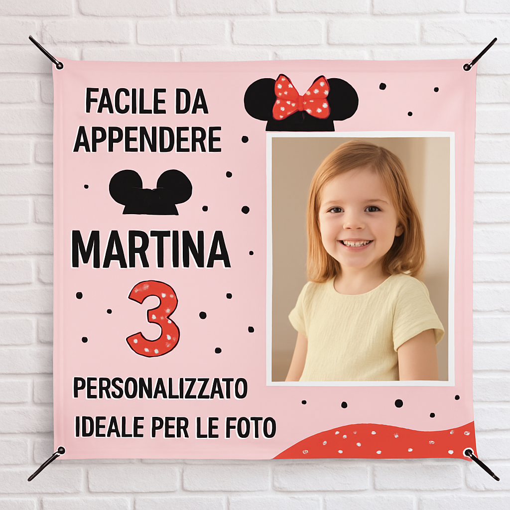 BANNER STRISCIONE compleanno - Topolina - CON NOME foto ed età bimbo/a - 04 benefici utilizzo