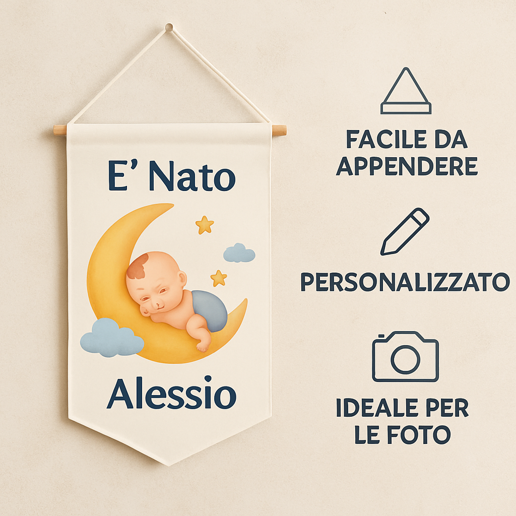 BANNER STRISCIONE NASCITA - Neonato Luna - CON IL TUO NOME bimbo neonato - 04 benefici utilizzo