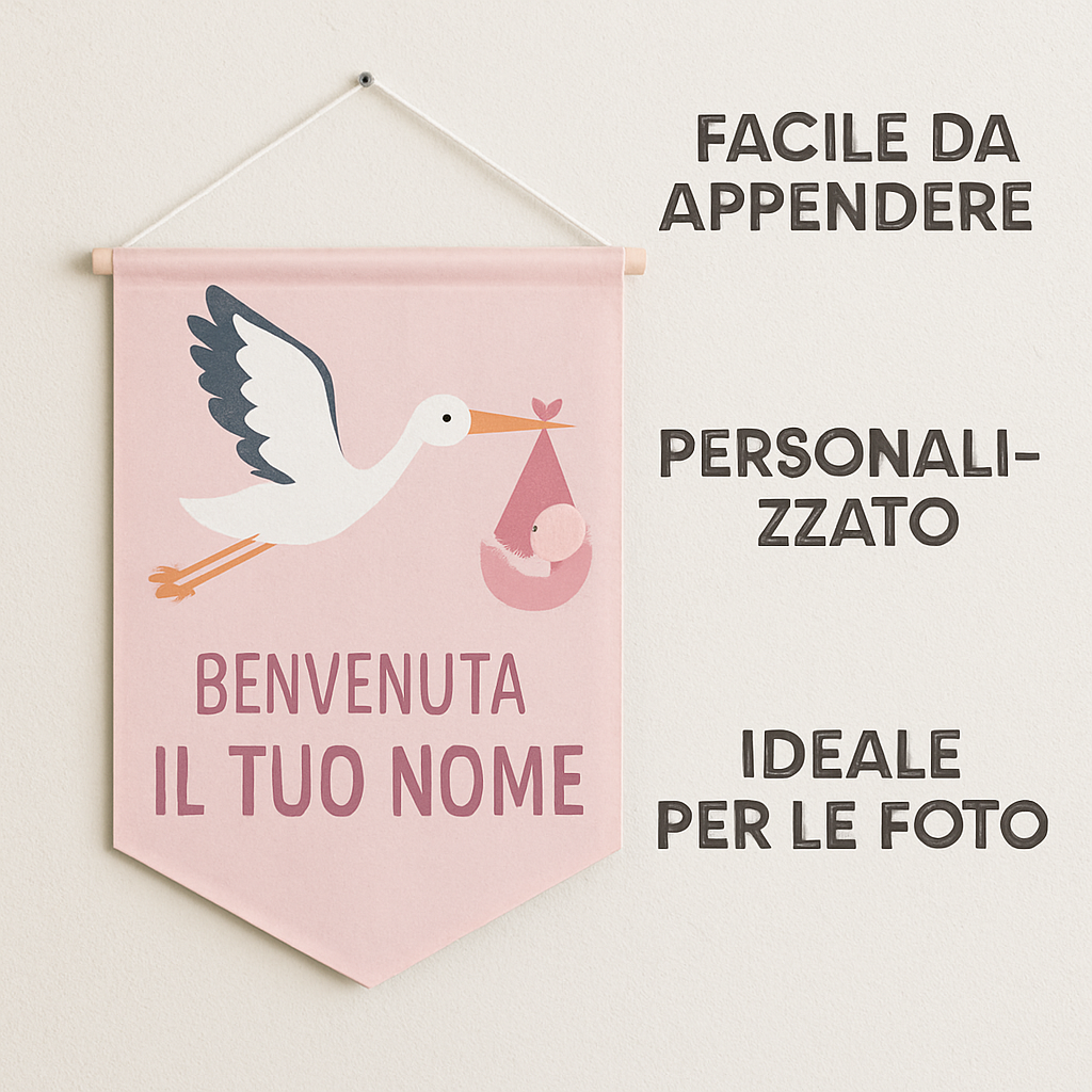 BANNER STRISCIONE NASCITA - Cicogna in volo Rosa - CON IL TUO NOME bimbo neonato - 04 benefici utilizzo
