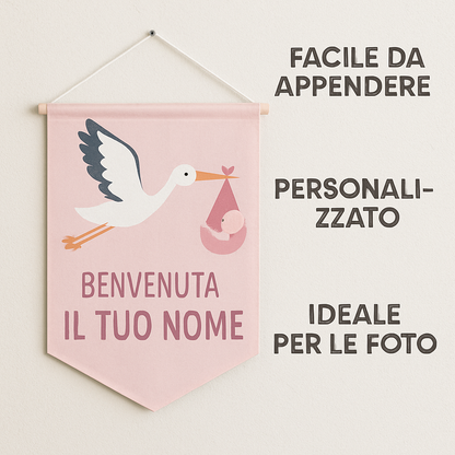 BANNER STRISCIONE NASCITA - Cicogna in volo Rosa - CON IL TUO NOME bimbo neonato - 04 benefici utilizzo