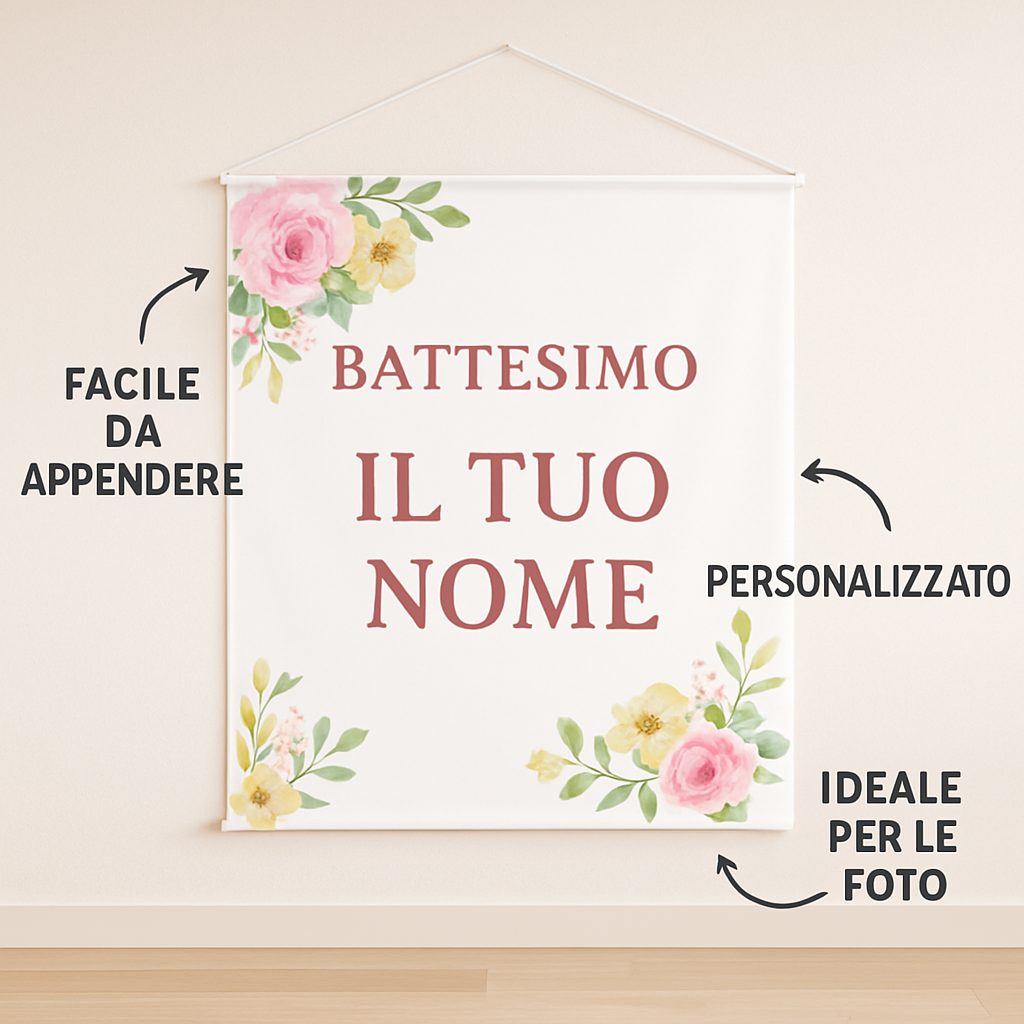 BANNER STRISCIONE BATTESIMO - Fiori rosa e gialli - CON IL TUO NOME bimbo - 04 benefici utilizzo