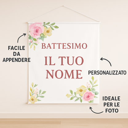 BANNER STRISCIONE BATTESIMO - Fiori rosa e gialli - CON IL TUO NOME bimbo - 04 benefici utilizzo