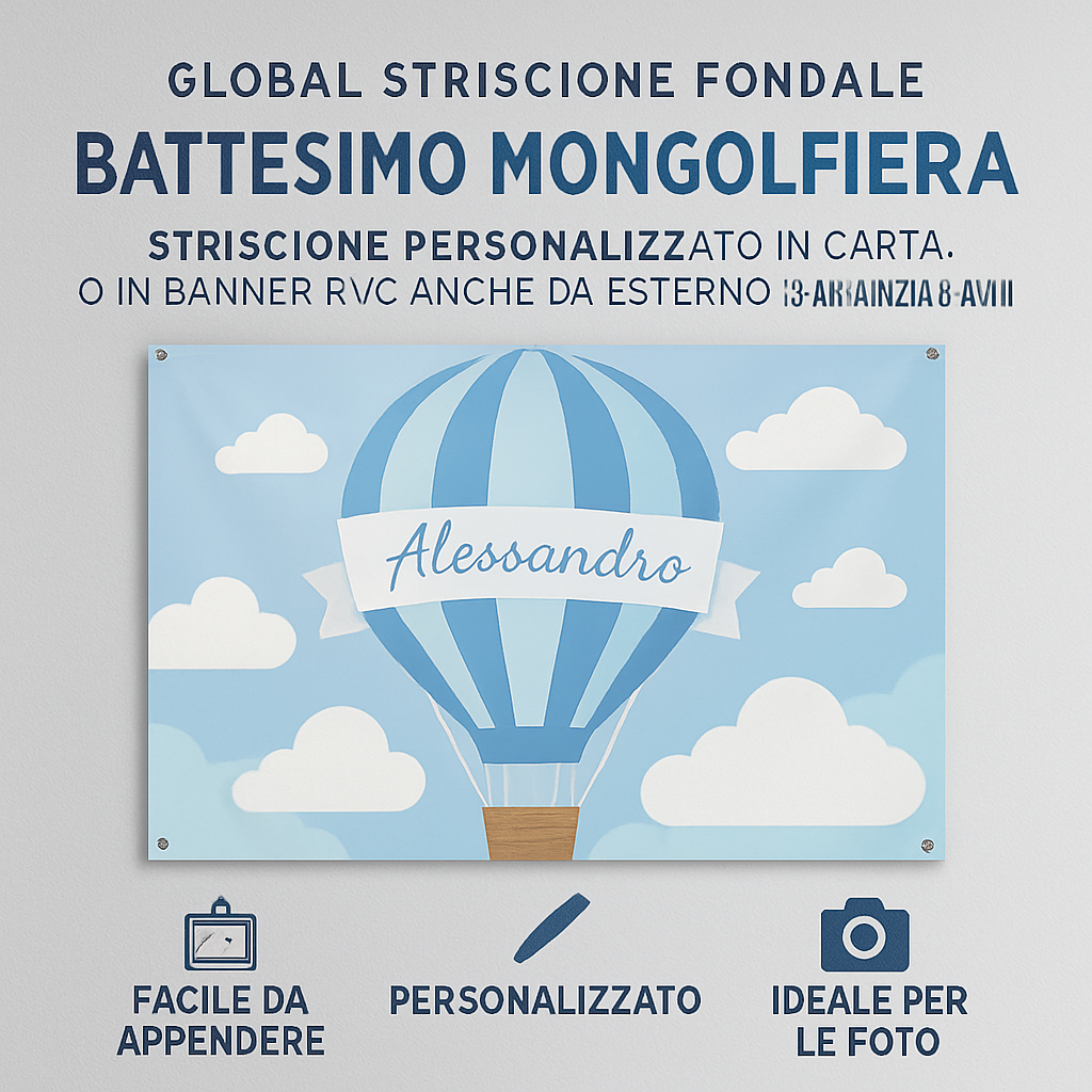 GLOBAL STRISCIONE FONDALE BATTESIMO - Battesimo Mongolfiera - STRISCIONE PERSONALIZZATO IN CARTA O IN BANNER PVC ANCHE DA ESTERNO GARANZIA 5 ANNI - 04 benefici utilizzo