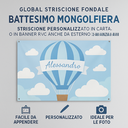 GLOBAL STRISCIONE FONDALE BATTESIMO - Battesimo Mongolfiera - STRISCIONE PERSONALIZZATO IN CARTA O IN BANNER PVC ANCHE DA ESTERNO GARANZIA 5 ANNI - 04 benefici utilizzo