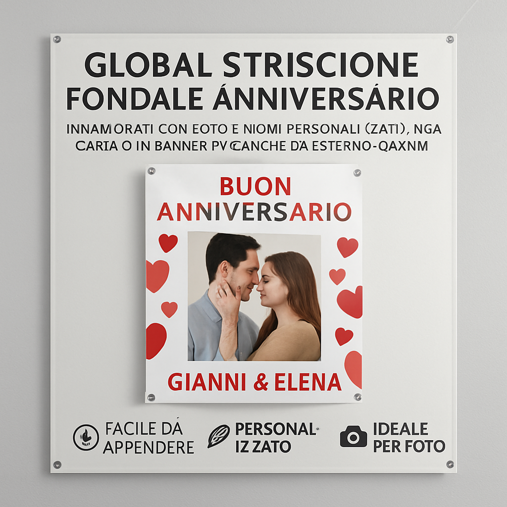 GLOBAL STRISCIONE FONDALE ANNIVERSARIO - INNAMORATI CON FOTO E NOMI PERSONALIZZATI - IN CARTA O IN BANNER PVC ANCHE DA ESTERNO GARANZIA 5 ANNI - 04 benefici utilizzo