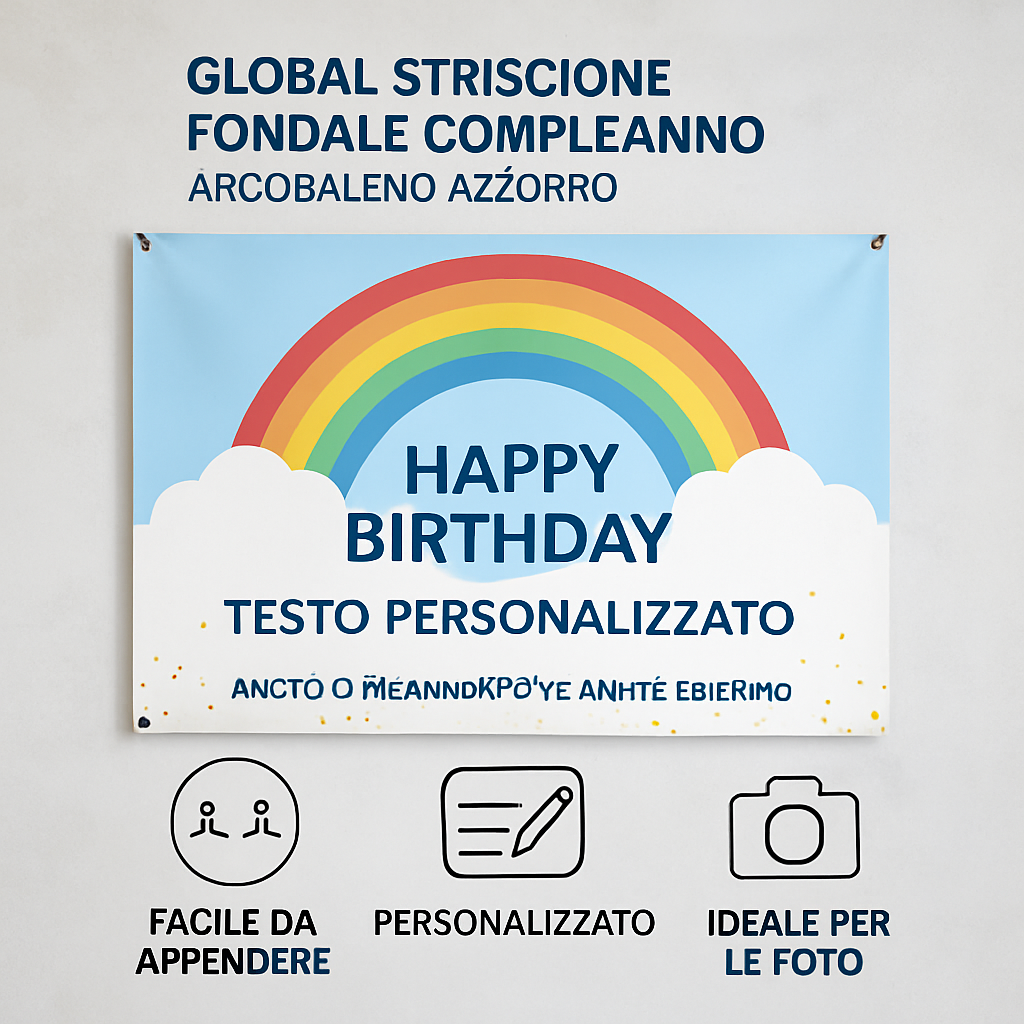 GLOBAL STRISCIONE FONDALE COMPLEANNO - Arcobaleno Azzurro - STRISCIONE PERSONALIZZATO IN CARTA O IN BANNER PVC ANCHE DA ESTERNO GARANZIA 5 ANNI - 04 benefici utilizzo