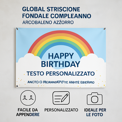 GLOBAL STRISCIONE FONDALE COMPLEANNO - Arcobaleno Azzurro - STRISCIONE PERSONALIZZATO IN CARTA O IN BANNER PVC ANCHE DA ESTERNO GARANZIA 5 ANNI - 04 benefici utilizzo