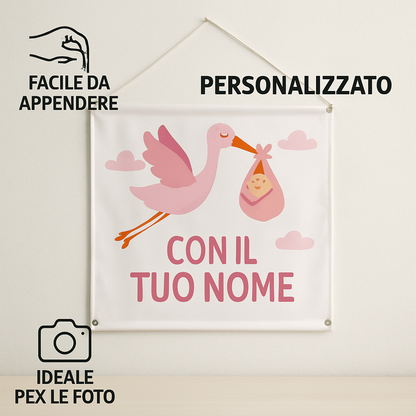 BANNER STRISCIONE NASCITA - Cicogna rosa - CON IL TUO NOME bimbo neonato - 04 benefici utilizzo
