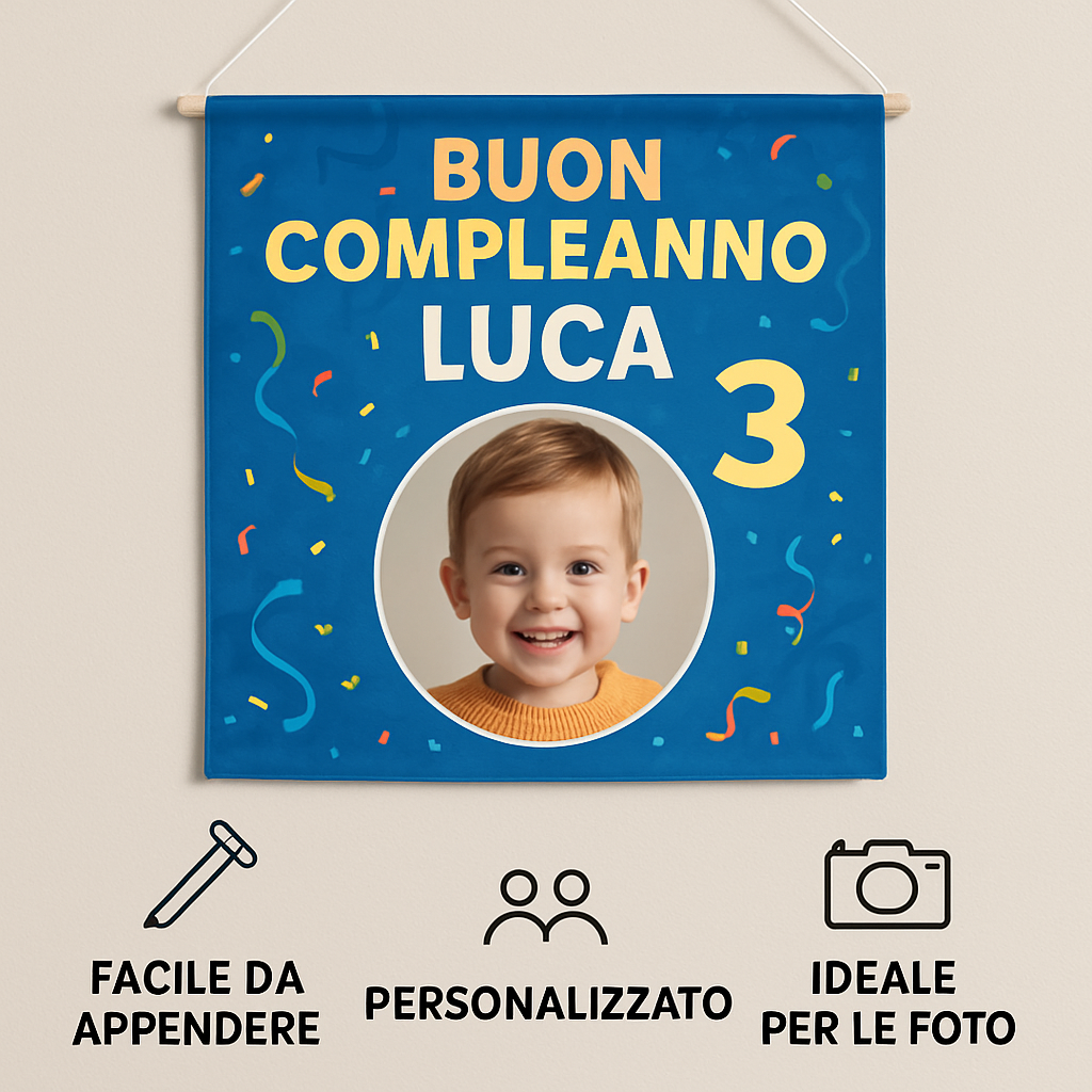 BANNER STRISCIONE compleanno - Lupin - CON NOME foto ed età bimbo/a - 04 benefici utilizzo