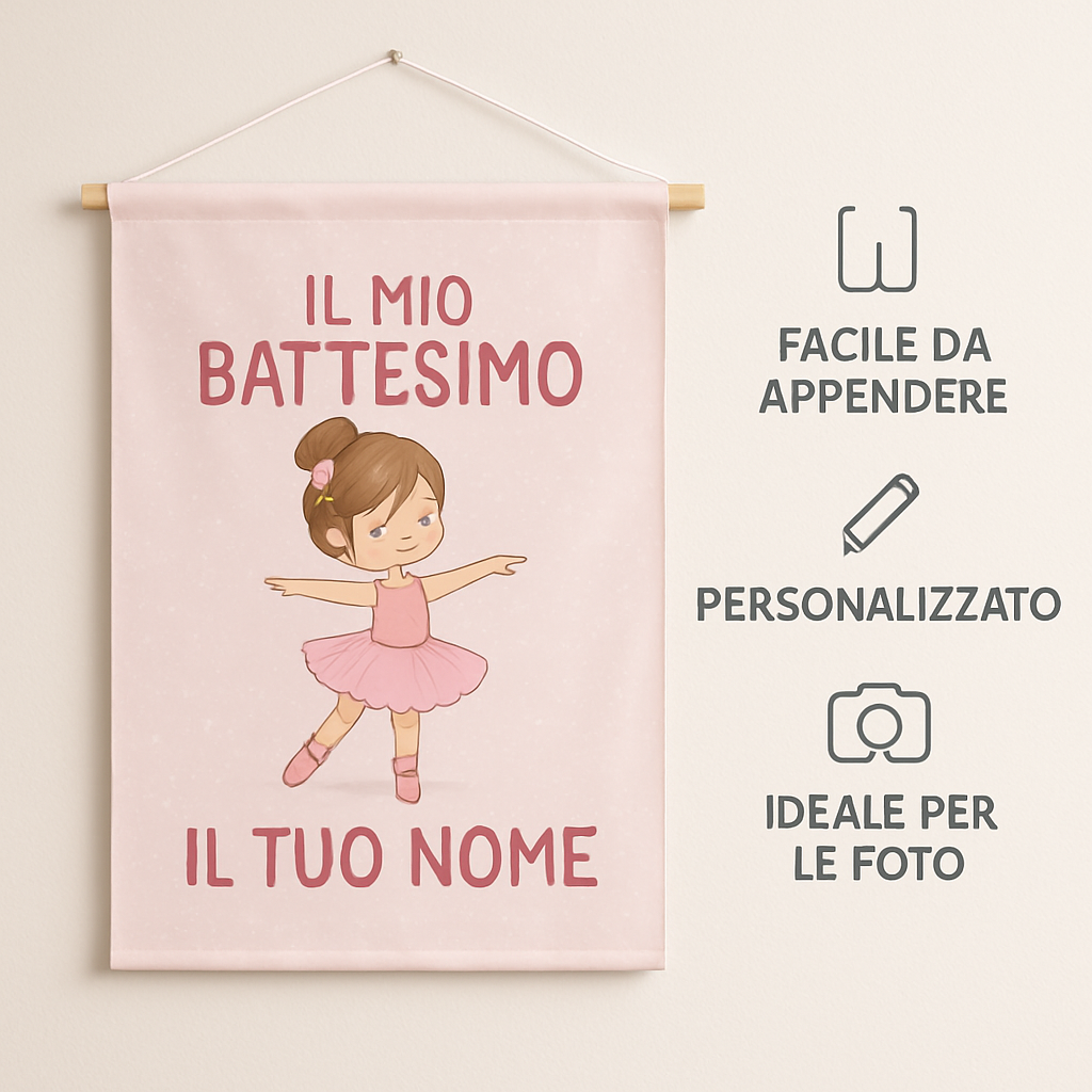 BANNER STRISCIONE BATTESIMO - Ballerina Rosa - CON IL TUO NOME bimbo - 04 benefici utilizzo