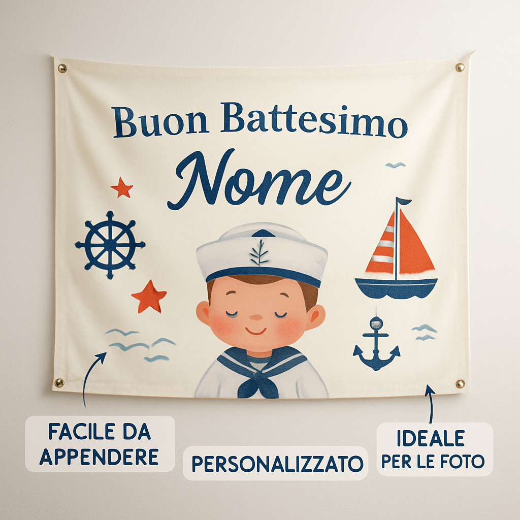 BANNER STRISCIONE BATTESIMO - Marinaio - CON IL TUO NOME bimbo - 04 benefici utilizzo
