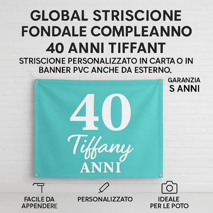 GLOBAL STRISCIONE FONDALE COMPLEANNO - 40 Anni Tiffany - STRISCIONE PERSONALIZZATO IN CARTA O IN BANNER PVC ANCHE DA ESTERNO GARANZIA 5 ANNI - 04 benefici utilizzo