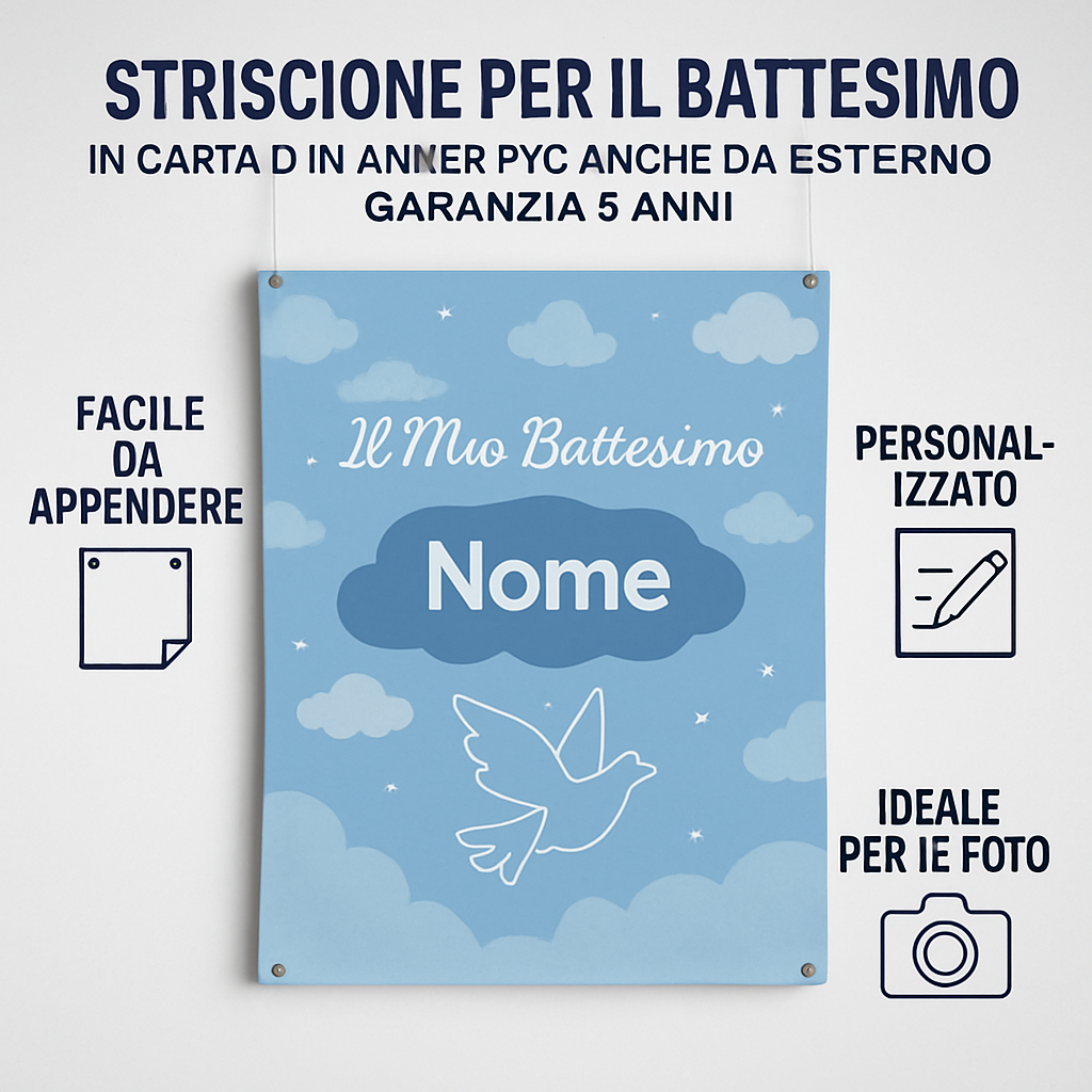 GLOBAL STRISCIONE FONDALE BATTESIMO - Battesimo Blue - STRISCIONE PERSONALIZZATO IN CARTA O IN BANNER PVC ANCHE DA ESTERNO GARANZIA 5 ANNI - 04 benefici utilizzo