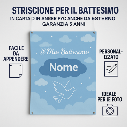 GLOBAL STRISCIONE FONDALE BATTESIMO - Battesimo Blue - STRISCIONE PERSONALIZZATO IN CARTA O IN BANNER PVC ANCHE DA ESTERNO GARANZIA 5 ANNI - 04 benefici utilizzo