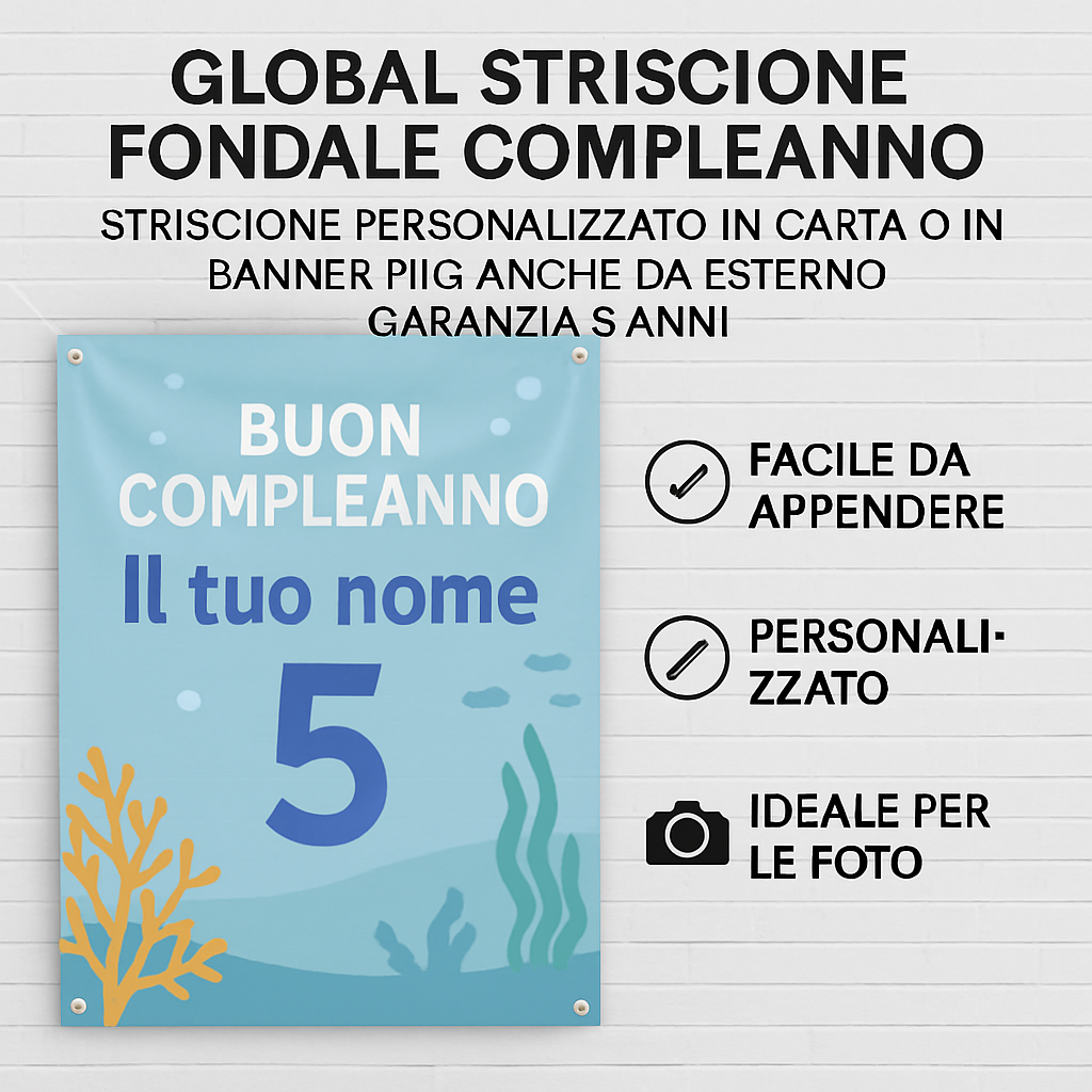 GLOBAL STRISCIONE FONDALE COMPLEANNO - Ariel Sirenetta - STRISCIONE PERSONALIZZATO IN CARTA O IN BANNER PVC ANCHE DA ESTERNO GARANZIA 5 ANNI - 04 benefici utilizzo