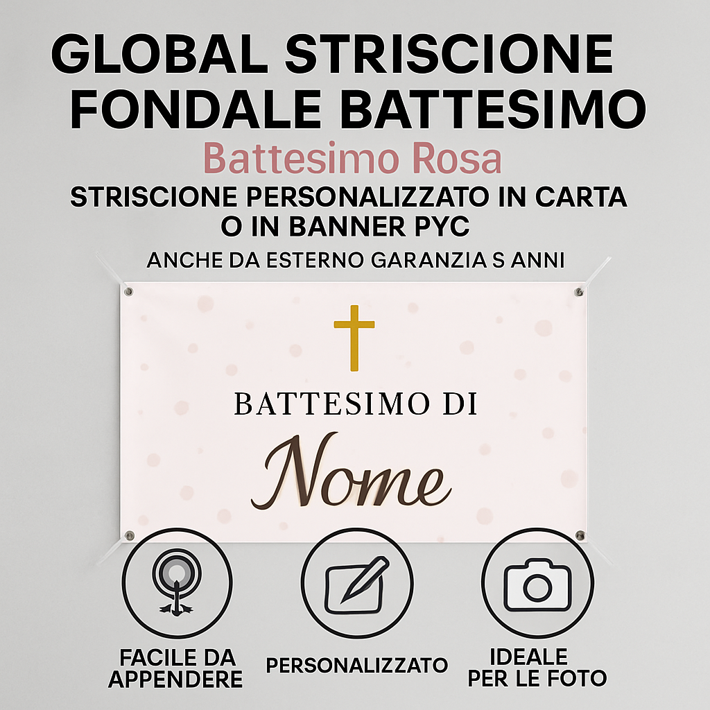 GLOBAL STRISCIONE FONDALE BATTESIMO - Battesimo Rosa - STRISCIONE PERSONALIZZATO IN CARTA O IN BANNER PVC ANCHE DA ESTERNO GARANZIA 5 ANNI - 04 benefici utilizzo
