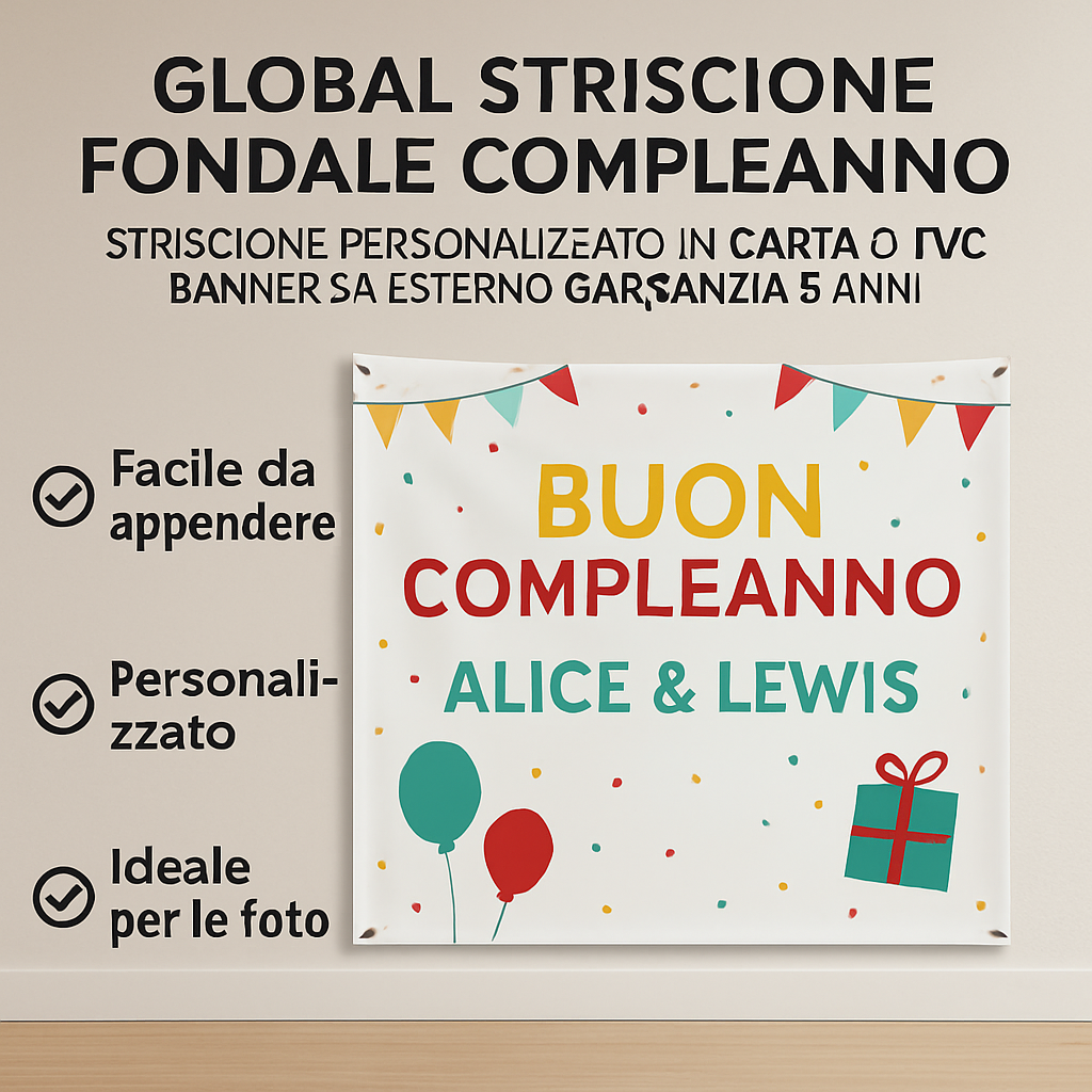 GLOBAL STRISCIONE FONDALE COMPLEANNO - Alice & Lewis - STRISCIONE PERSONALIZZATO IN CARTA O IN BANNER PVC ANCHE DA ESTERNO GARANZIA 5 ANNI - 04 benefici utilizzo
