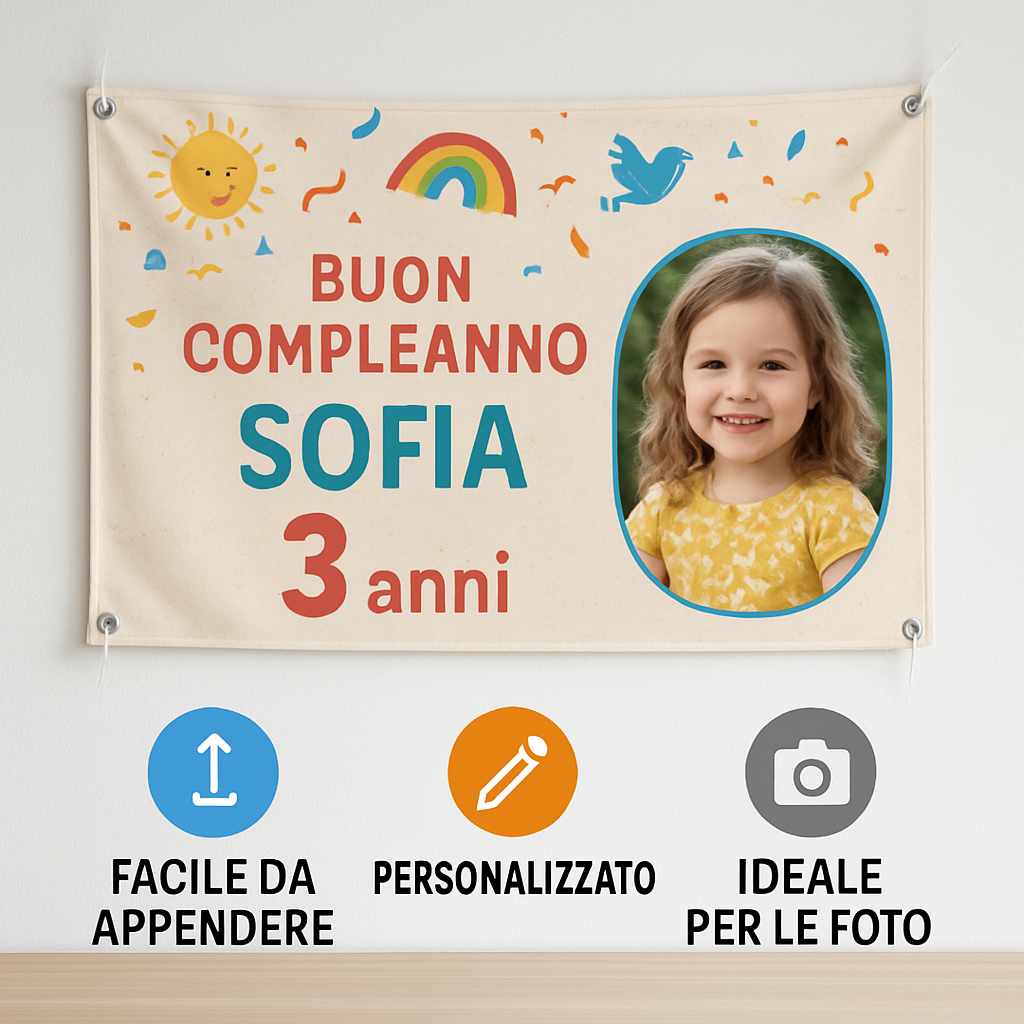 BANNER STRISCIONE compleanno - Spiderman MOD 2 - CON NOME foto ed età bimbo/a - 04 benefici utilizzo