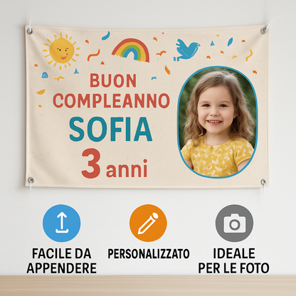 BANNER STRISCIONE compleanno - Spiderman MOD 2 - CON NOME foto ed età bimbo/a - 04 benefici utilizzo