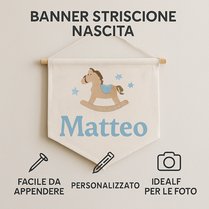 BANNER STRISCIONE NASCITA - Cavalluccio a dondolo - CON IL TUO NOME bimbo neonato - 04 benefici utilizzo