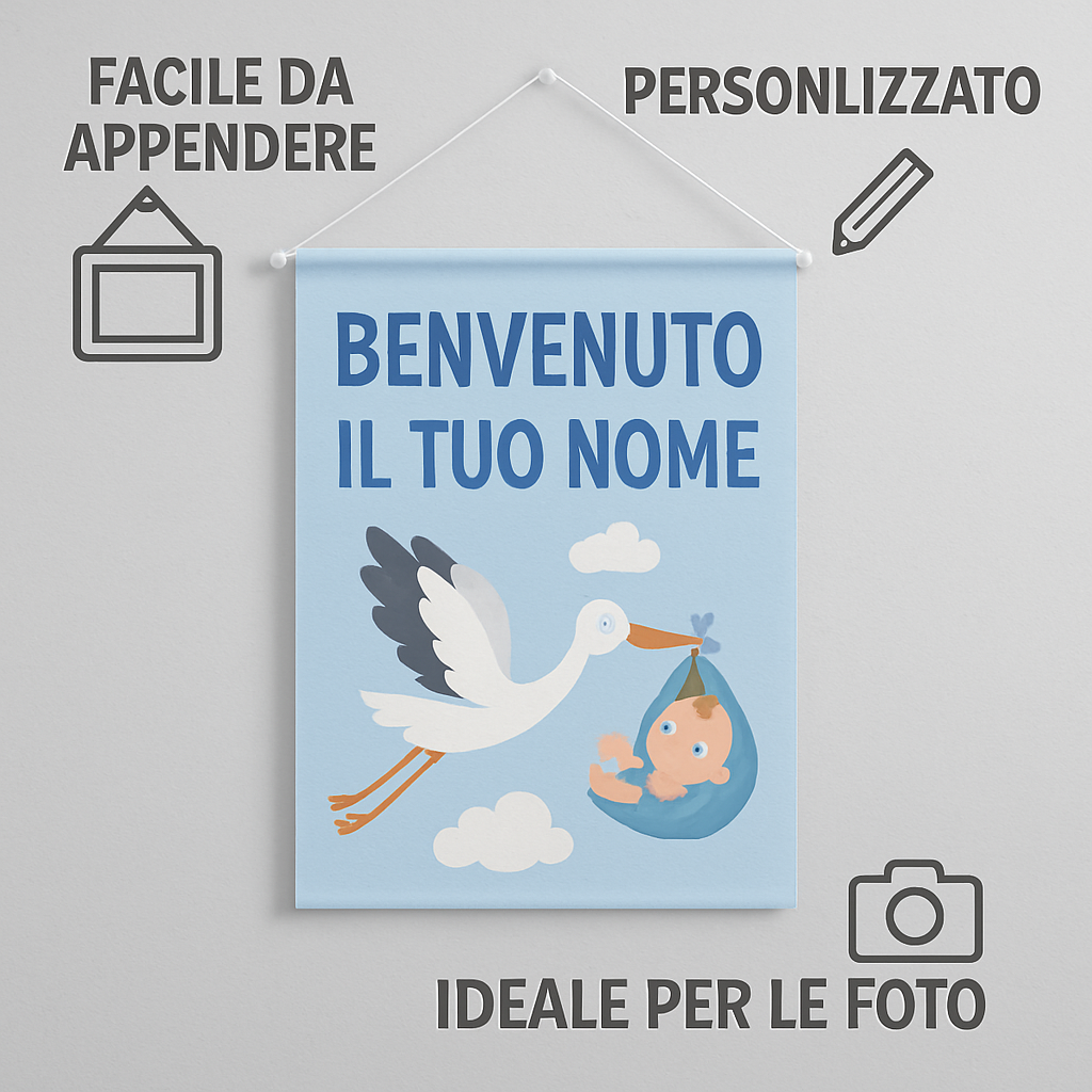 BANNER STRISCIONE NASCITA - Benvenuto con cicogna - CON IL TUO NOME bimbo neonato - 04 benefici utilizzo