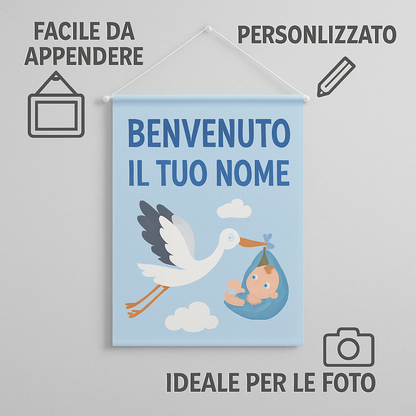 BANNER STRISCIONE NASCITA - Benvenuto con cicogna - CON IL TUO NOME bimbo neonato - 04 benefici utilizzo