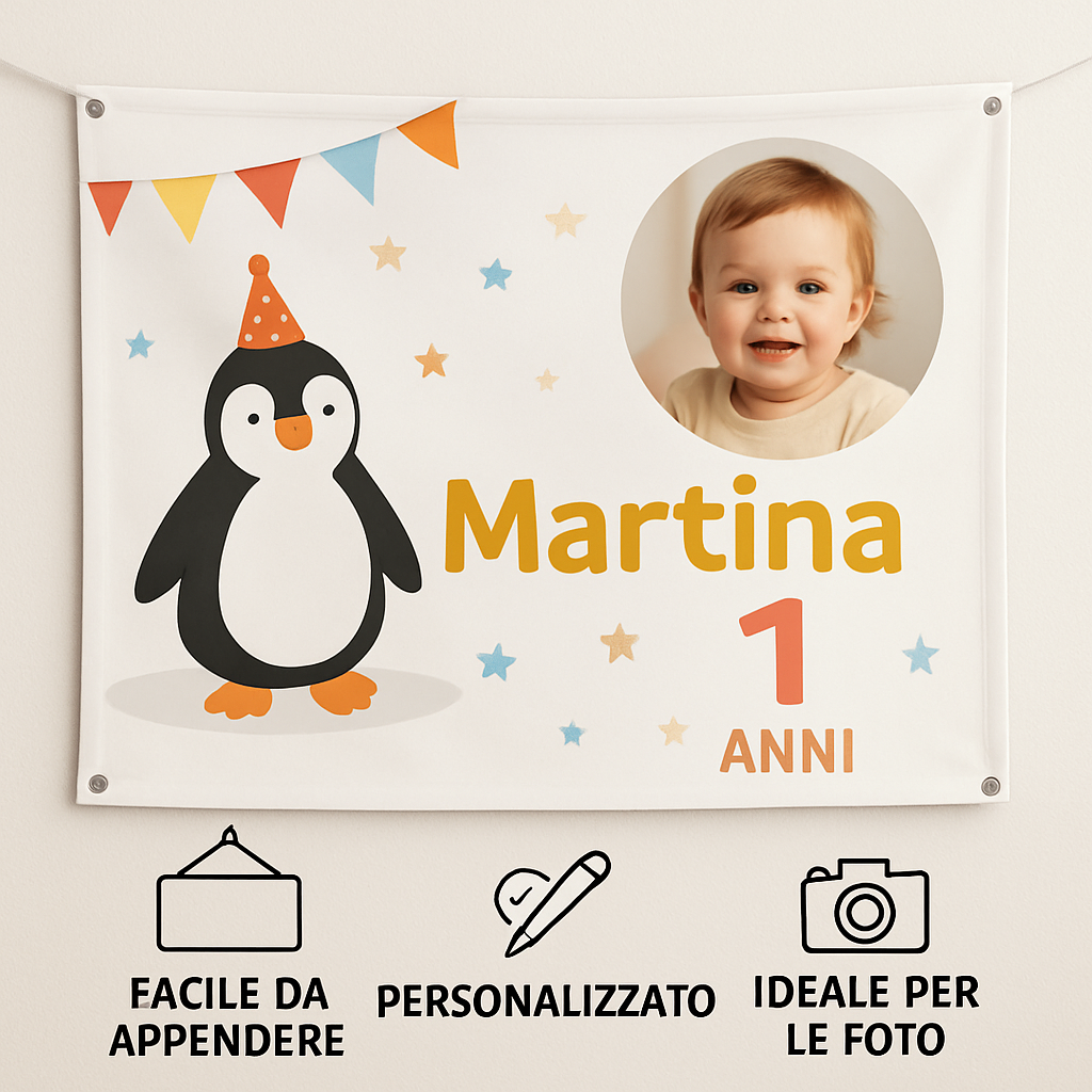 BANNER STRISCIONE compleanno - Pingu - CON NOME foto ed età bimbo/a - 04 benefici utilizzo