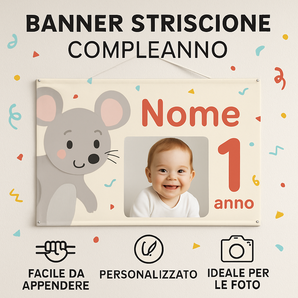 BANNER STRISCIONE compleanno - Mickey Mouse - CON NOME foto ed età bimbo/a - 04 benefici utilizzo