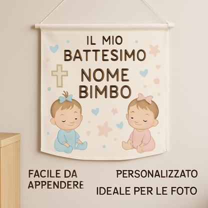 BANNER STRISCIONE BATTESIMO - Gemelli Boy and Girl - CON IL TUO NOME bimbo - 04 benefici utilizzo