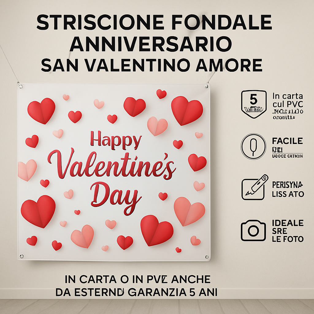 GLOBAL STRISCIONE FONDALE ANNIVERSARIO - SAN VALENTINO AMORE - IN CARTA O IN BANNER PVC ANCHE DA ESTERNO GARANZIA 5 ANNI - 04 benefici utilizzo