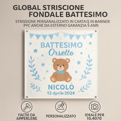GLOBAL STRISCIONE FONDALE BATTESIMO - Battesimo Orsetto - STRISCIONE PERSONALIZZATO IN CARTA O IN BANNER PVC ANCHE DA ESTERNO GARANZIA 5 ANNI - 04 benefici utilizzo