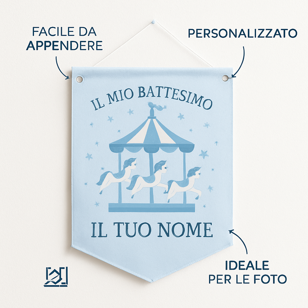 BANNER STRISCIONE BATTESIMO - Giostra Azzurro - CON IL TUO NOME bimbo - 04 benefici utilizzo