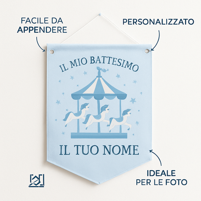 BANNER STRISCIONE BATTESIMO - Giostra Azzurro - CON IL TUO NOME bimbo - 04 benefici utilizzo