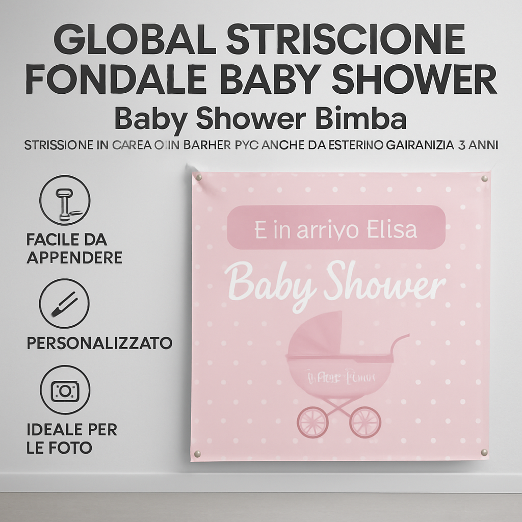 GLOBAL STRISCIONE FONDALE BABY SHOWER - Baby Shower Bimba - STRISCIONE IN CARTA O IN BANNER PVC ANCHE DA ESTERNO GARANZIA 5 ANNI - 04 benefici utilizzo