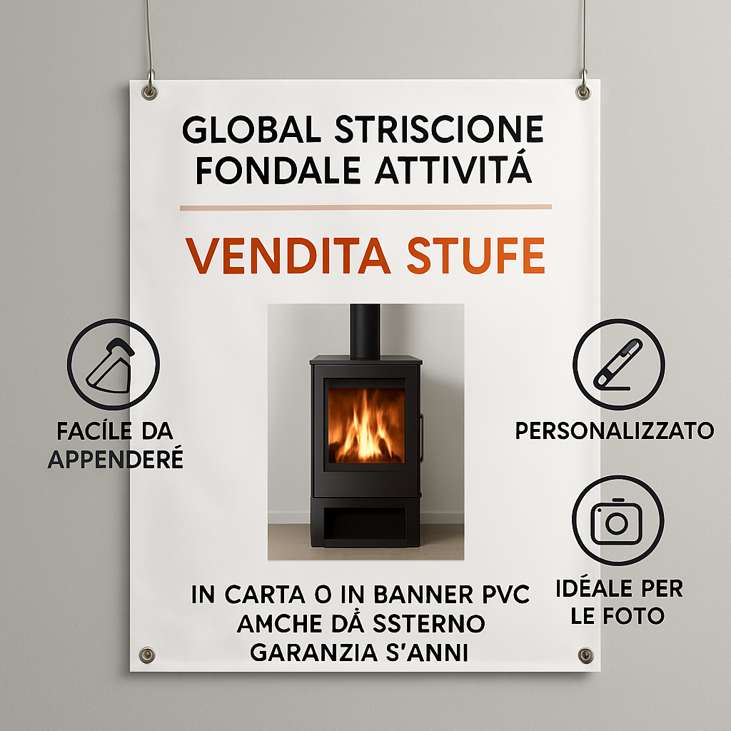 GLOBAL STRISCIONE FONDALE ATTIVITÀ - VENDITA STUFE - PERSONALIZZATO IN CARTA O IN BANNER PVC ANCHE DA ESTERNO GARANZIA 5 ANNI - 04 benefici utilizzo