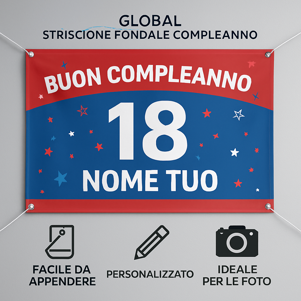 GLOBAL STRISCIONE FONDALE COMPLEANNO - 18 Anni Compleanno Rosso e Blu - STRISCIONE PERSONALIZZATO IN CARTA O IN BANNER PVC ANCHE DA ESTERNO GARANZIA 5 ANNI - 04 benefici utilizzo