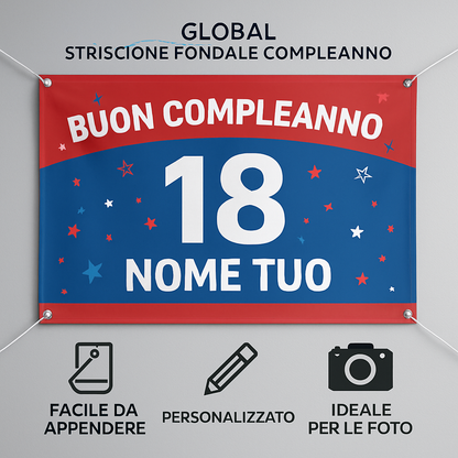 GLOBAL STRISCIONE FONDALE COMPLEANNO - 18 Anni Compleanno Rosso e Blu - STRISCIONE PERSONALIZZATO IN CARTA O IN BANNER PVC ANCHE DA ESTERNO GARANZIA 5 ANNI - 04 benefici utilizzo