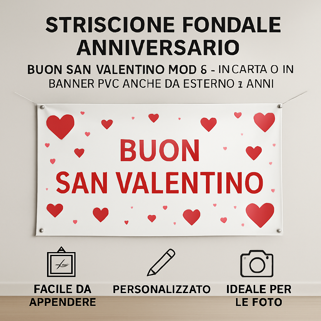 GLOBAL STRISCIONE FONDALE ANNIVERSARIO - BUON SAN VALENTINO MOD 6 - IN CARTA O IN BANNER PVC ANCHE DA ESTERNO GARANZIA 5 ANNI - 04 benefici utilizzo
