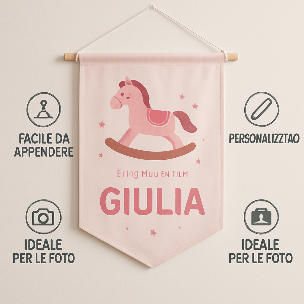 BANNER STRISCIONE NASCITA - Cavalluccio a dondolo Bambina - CON IL TUO NOME bimbo neonato - 04 benefici utilizzo