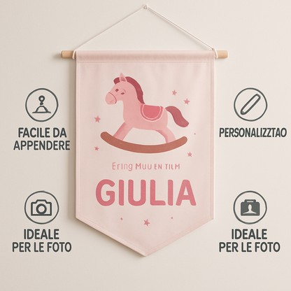 BANNER STRISCIONE NASCITA - Cavalluccio a dondolo Bambina - CON IL TUO NOME bimbo neonato - 04 benefici utilizzo