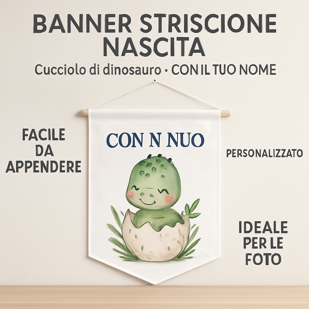 BANNER STRISCIONE NASCITA - Cucciolo di dinosauro - CON IL TUO NOME bimbo neonato - 04 benefici utilizzo