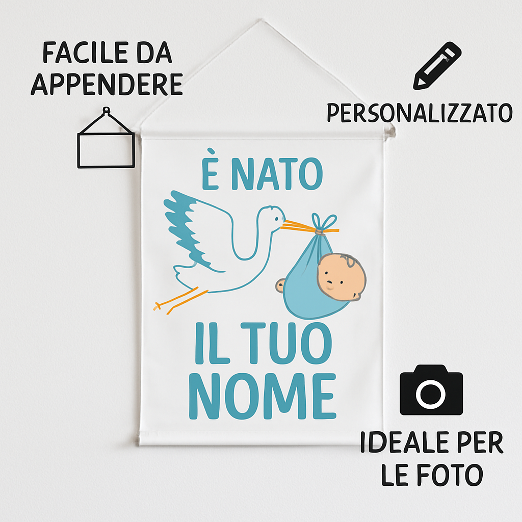 BANNER STRISCIONE NASCITA - Cicogna è nato - CON IL TUO NOME bimbo neonato - 04 benefici utilizzo