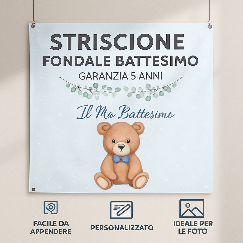 GLOBAL STRISCIONE FONDALE BATTESIMO - Battesimo Orsetto mod 2 - STRISCIONE PERSONALIZZATO IN CARTA O IN BANNER PVC ANCHE DA ESTERNO GARANZIA 5 ANNI - 04 benefici utilizzo