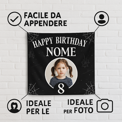 BANNER STRISCIONE compleanno - Mercoledì Addams - CON NOME foto ed età bimbo/a - 04 benefici utilizzo