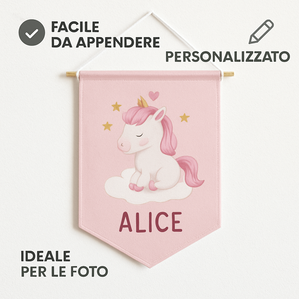 BANNER STRISCIONE NASCITA - Unicorno rosa - CON IL TUO NOME bimbo neonato - 04 benefici utilizzo