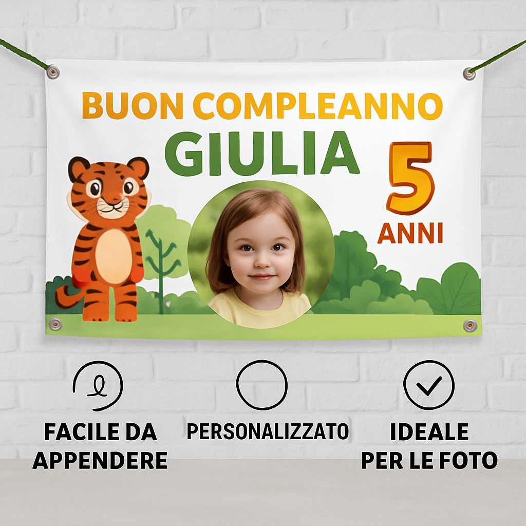 BANNER STRISCIONE compleanno - Leo e Tig - CON NOME foto ed età bimbo/a - 04 benefici utilizzo